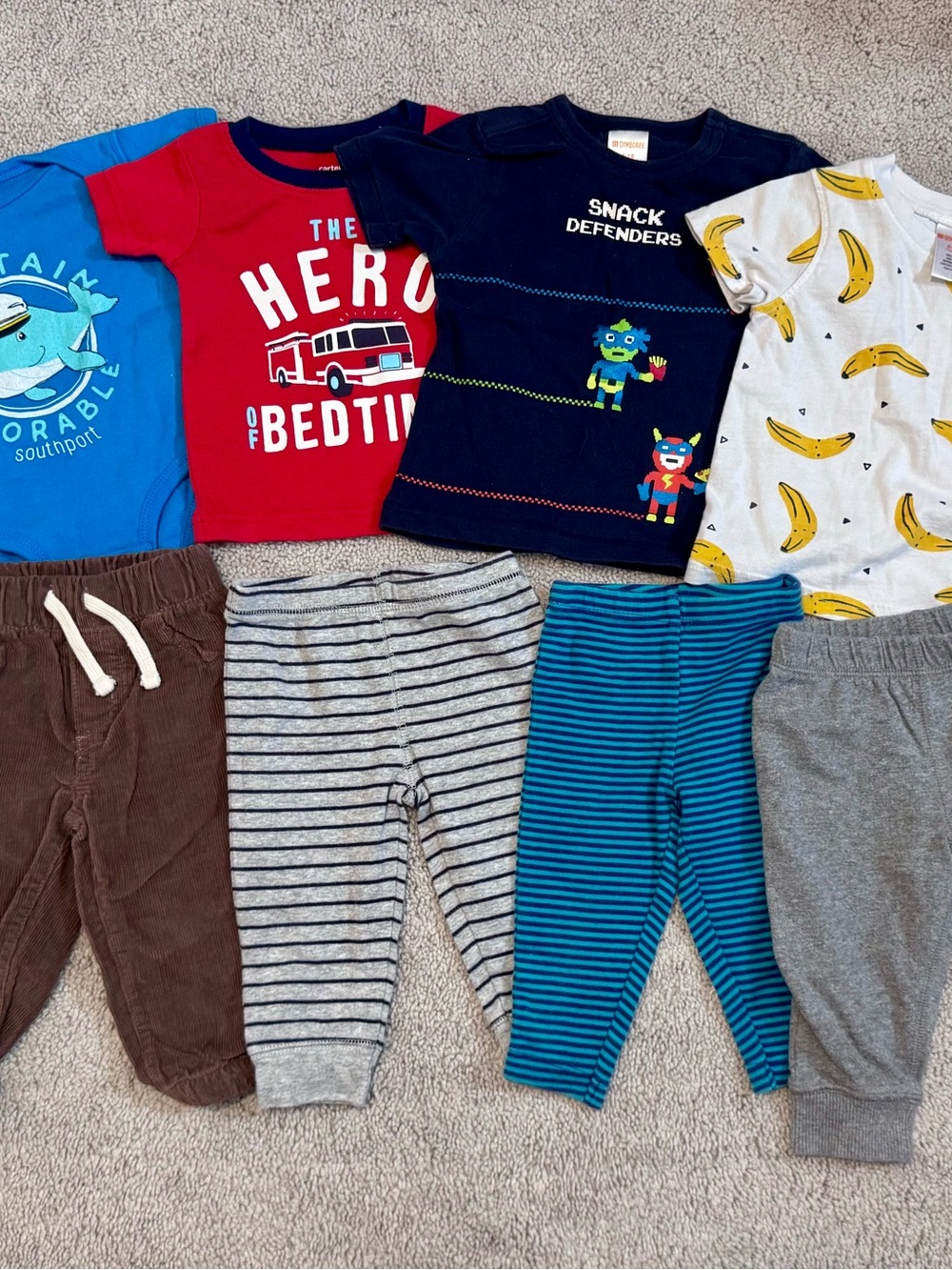 6 Month Mixed Outfit Bundle with Blue, Red, Navy & Banana Print Tops